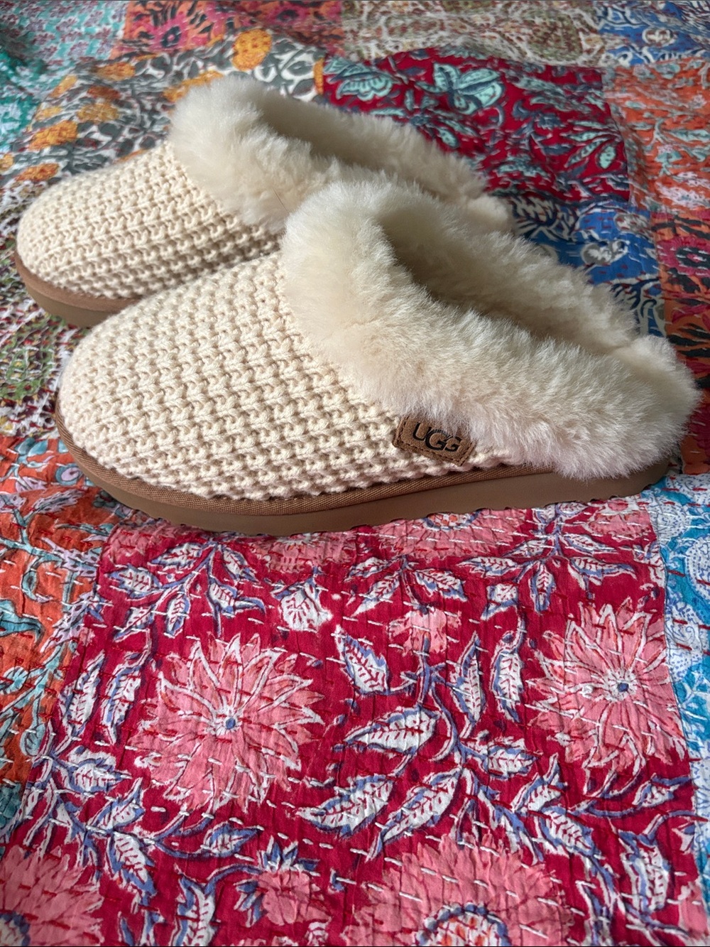 UGG Cream Knit Shearling Lined Slip-On Slippers